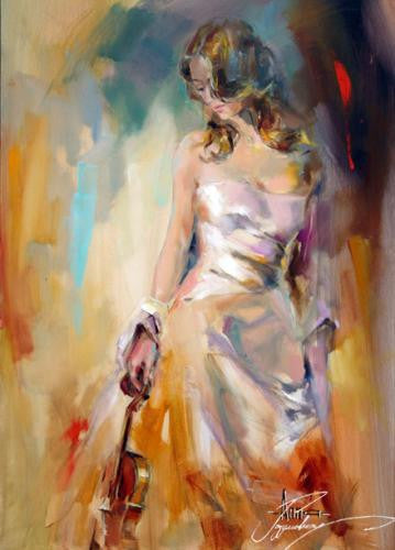 Holding the Violing Oil Painting by Anna Razumovskaya